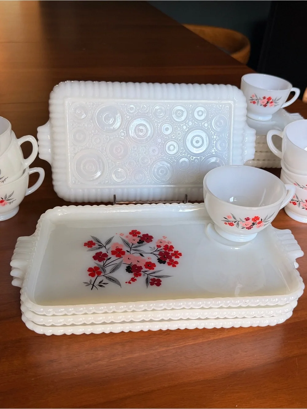 Anchor Hocking White Milk Glass Snack Trays and Cups with Red Floral Pattern